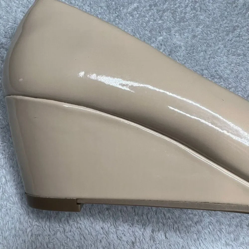 Cityclassified Comfort Low Wedge Slip On Open Toe Shoes Vegan Patent Women’s 8
